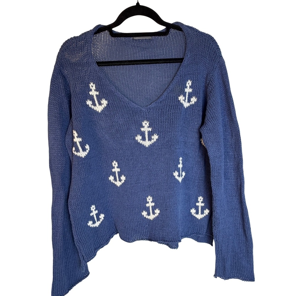 Wooden Ships Sweater OS Blue Anchor Nautical V-Neck Coastal Sailing Maritime